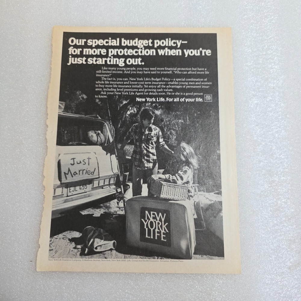 Vintage Print Ad New York Life Just Married fishing camping B&W 8x10.5 1979